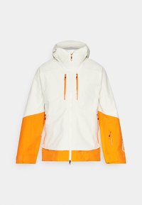 White jacket with orange accents, featuring a hood, zippered pockets, and a two-tone design on the sleeves and body for a bold look.