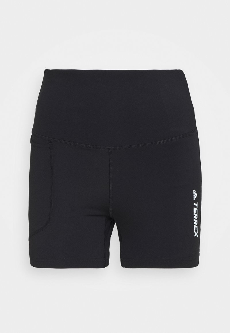 Pantalones cortos deportivos negros con una cinturilla alta, fabricados con un material suave. Incluyen un bolsillo lateral y el logo "TERREX" impreso en blanco.