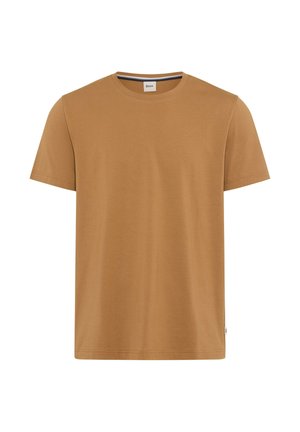 Effen korte mouw T-shirt met ronde hals in kameelbruin, met een klein label aan de binnenkant waarop het merk "Brax" staat.