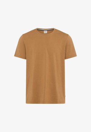 Effen korte mouw T-shirt met ronde hals in kameelbruin, met een klein label aan de binnenkant waarop het merk "Brax" staat.