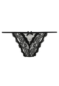Schwarzer Spitzen-Tanga mit kunstvollem Blumenmuster, verziert mit gewellten Kanten, einem zentralen Schleifenakzent und einem transparenten Netzmaterial.