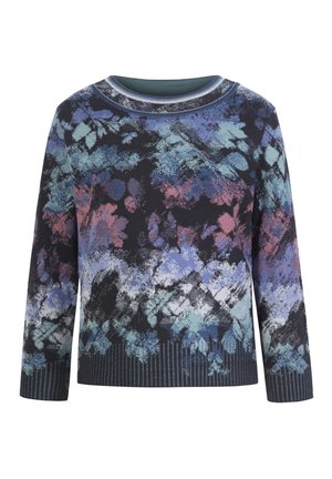 Ziedu raksta adīts džemperis tumši zils, ar zilo un rozā akcentiem. Apaļa izgriezuma kakla un trīs ceturtdaļu piedurknes ar teksturētu apakšmalu.