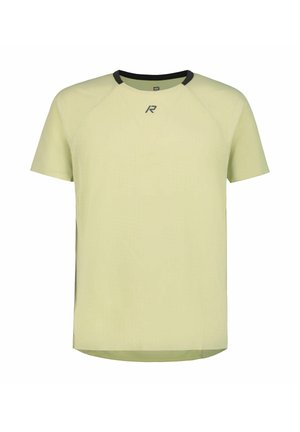 Lichtgeel sportief shirt met korte mouwen, een ronde zwarte kraag, geperforeerd patroon en een logo op de borst. Soepele, lichtgewicht stof.