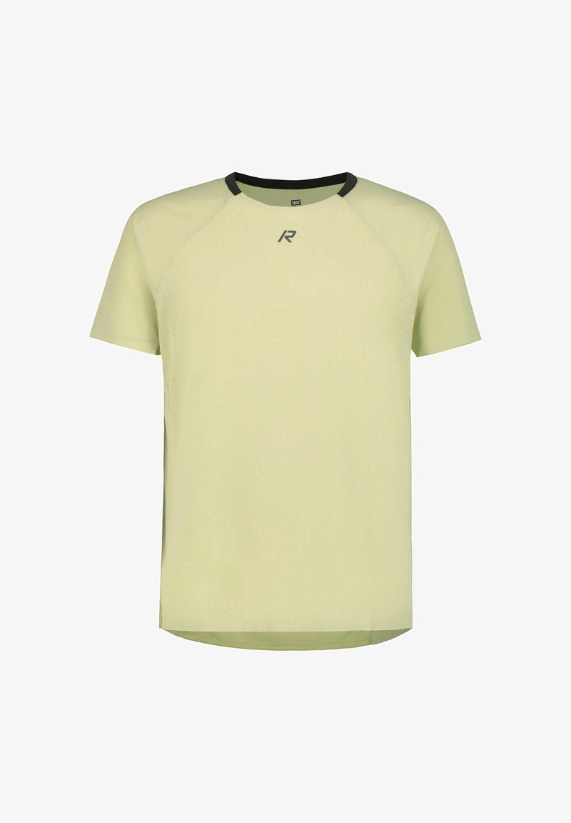 Hellgelbes, kurzärmeliges Sportshirt mit rundem, schwarzem Kragen, perforiertem Muster und einem Logo auf der Brust. Glatter, leichter Stoff.