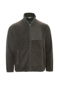 Brown fleece jacket featuring a high collar, zip front, and one zippered chest pocket. Soft texture with side pockets and a loose fit.