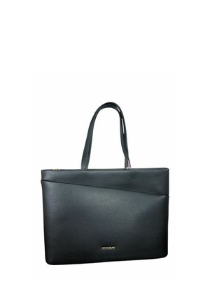 Borsa tote in pelle nera con due manici, cucitura diagonale frontale, cerniera dorata e piccolo logo dorato al centro davanti.