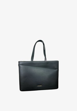 Borsa tote in pelle nera con due manici, cucitura diagonale frontale, cerniera dorata e piccolo logo dorato al centro davanti.