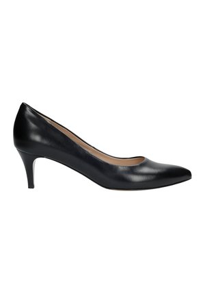 Black leather pump with a pointed toe, 3-inch heel, smooth texture, and minimalistic design. No visible accents or patterns.