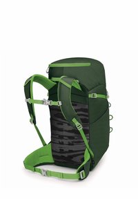 Zaino verde con retro in rete camouflage nera, spallacci imbottiti regolabili e chiusura con zip. Presenta clip e cinghie laterali per un supporto aggiuntivo.