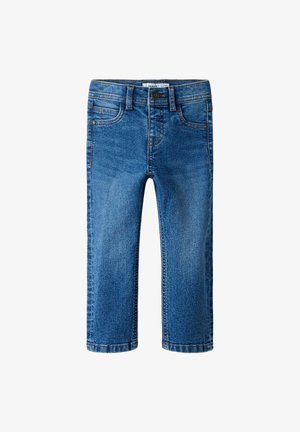 Blue denim toddler jeans with front button, belt loops, and classic five-pocket design displayed on white background.