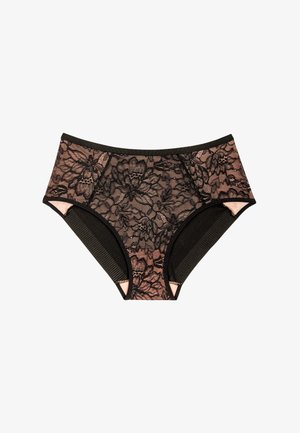Damska bielizna z wysokim stanem, ozdobiona czarną kwiatową koronką na cielistym materiale oraz czarną elastyczną lamówką przy otworach na nogi.