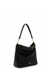 Mustast nahast käekott tekstuurse viimistlusega, millel on naelutatud rihm ja kuldse tooniga metallosad. Kotil on lõdvestunud kuju ja üks käepide.