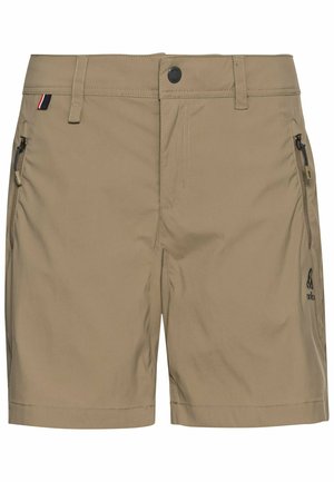 Short beige avec bouton devant, passants de ceinture, deux poches latérales zippées et un petit logo sur la jambe droite.