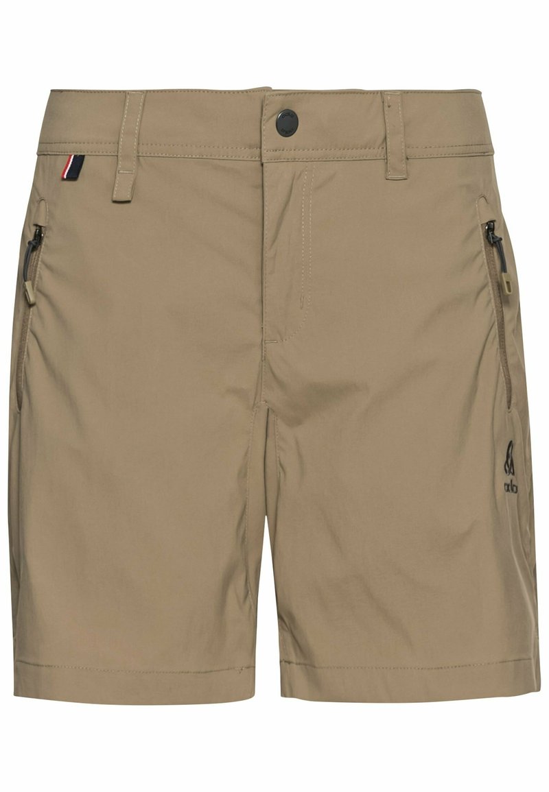 Short beige avec bouton devant, passants de ceinture, deux poches latérales zippées et un petit logo sur la jambe droite.