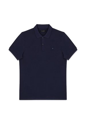Granatowa koszulka polo z krótkim rękawem, z dwoma guzikami i małym haftowanym logo na lewej piersi.