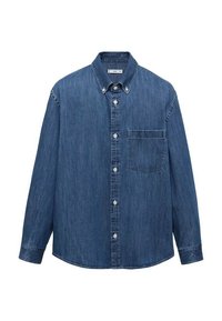 Camicia in denim blu scuro con colletto a punta, maniche lunghe e taschino frontale. Tessuto liscio e materiale resistente.