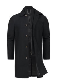 Svart ullblandingsfrakk med krage, knappelukking og to sidelommer. Innvendig har frakken en glatt, mørk fôr.