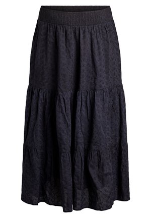 Czarna, warstwowa spódnica midi z marszczoną gumką w pasie i subtelnym wzorem w kwiaty.