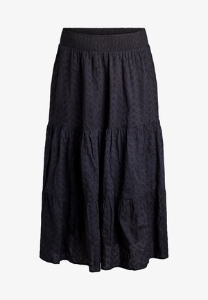 Schwarzer gestufter Midi-Rock mit elastischem Bund und dezentem floralen Stickmuster.