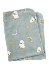Soft, mint green fleece blanket featuring a pattern of white ducks, yellow suns, and rainbows in orange and pastel colors. Edges are finished.
