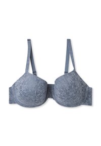 Koronkowy biustonosz w stłumionym odcieniu niebieskiego, z poduszkami w miseczkach, regulowanymi ramiączkami i zapięciem na haftki. Miękka tekstura z kwiatowym wzorem z koronki.