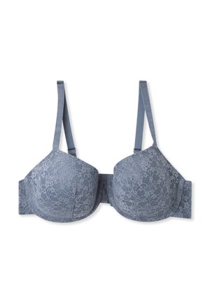 Senza tulle in blu tenue, con coppe imbottite, spalline regolabili e chiusura con gancio e occhiello. Texture morbida con motivo in pizzo floreale.