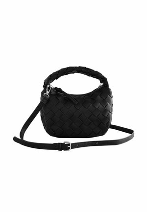 Schwarze geflochtene Lederhandtasche mit runder Form, einem geflochtenen Griff und einem abnehmbaren Schultergurt. Verfügt über einen Reißverschluss und eine strukturierte Oberfläche.