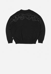 Μαύρο πλεχτό πουλόβερ με στρογγυλή λαιμόκοψη, που διαθέτει τονικό μοτίβο κρανίου στην πλάτη, ριχτές μανσέτες και ζώνη.