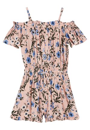 Różowy kombinezon w kwiaty z odkrytymi ramionami, z niebieskimi kwiatami, zielonymi liśćmi, cienkimi ramiączkami, krótkimi rękawami, elastyczną talią i falbaną na dole.