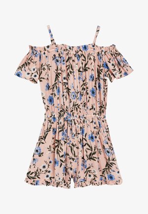 Combinaison courte rose à fleurs avec des fleurs bleues, des feuilles vertes, des bretelles fines, des manches courtes, une taille élastique et un ourlet à volants.