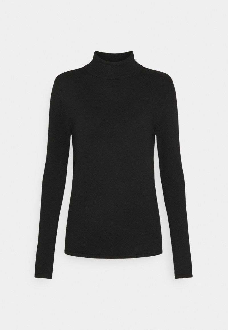 Zwart langwerpige turtleneck sweater met een aansluitende pasvorm, weergegeven tegen een effen witte achtergrond.