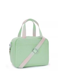 Borsa rettangolare verde menta con manici rosa e tracolla regolabile, realizzata in materiale liscio; presenta un dettaglio con fibbia argentata.