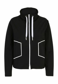 Schwarze Zip-Hoodie aus glattem Stoff mit hohem Kragen, weißen Akzenten und zwei vorderen Taschen mit kontrastierendem Besatz.