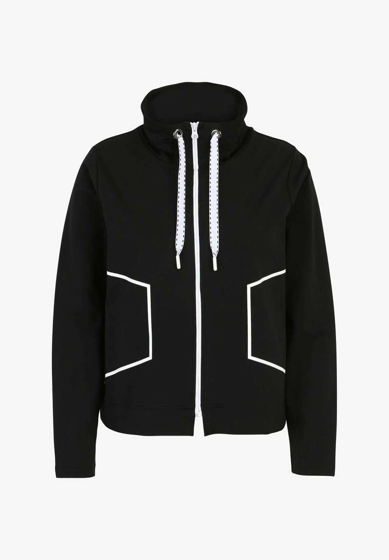 Zwarte rits hoodie van gladde stof met een hoge kraag, witte accenten en twee voorzakken met een contrasterende bies.