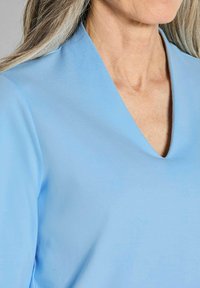 Hellbluse mit V-Ausschnitt und kurzen Ärmeln. Glattes Material mit weicher Textur, figurbetontes Design, das den Ausschnitt betont.