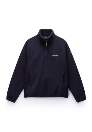 Marineblauwe fleece pullover met een hoge kraag, halve rits aan de voorkant en zijzakken. Heeft een klein logopatch op de borst en een gestructureerde stof.