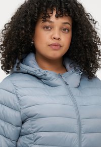 Gaiši zils pūkains mētelis ar kapuci, ar horizontālu šuvju rakstu un priekšējo rāvējslēdzēju. Mīksta, spīdīga auduma ar redzamām šuvēm.