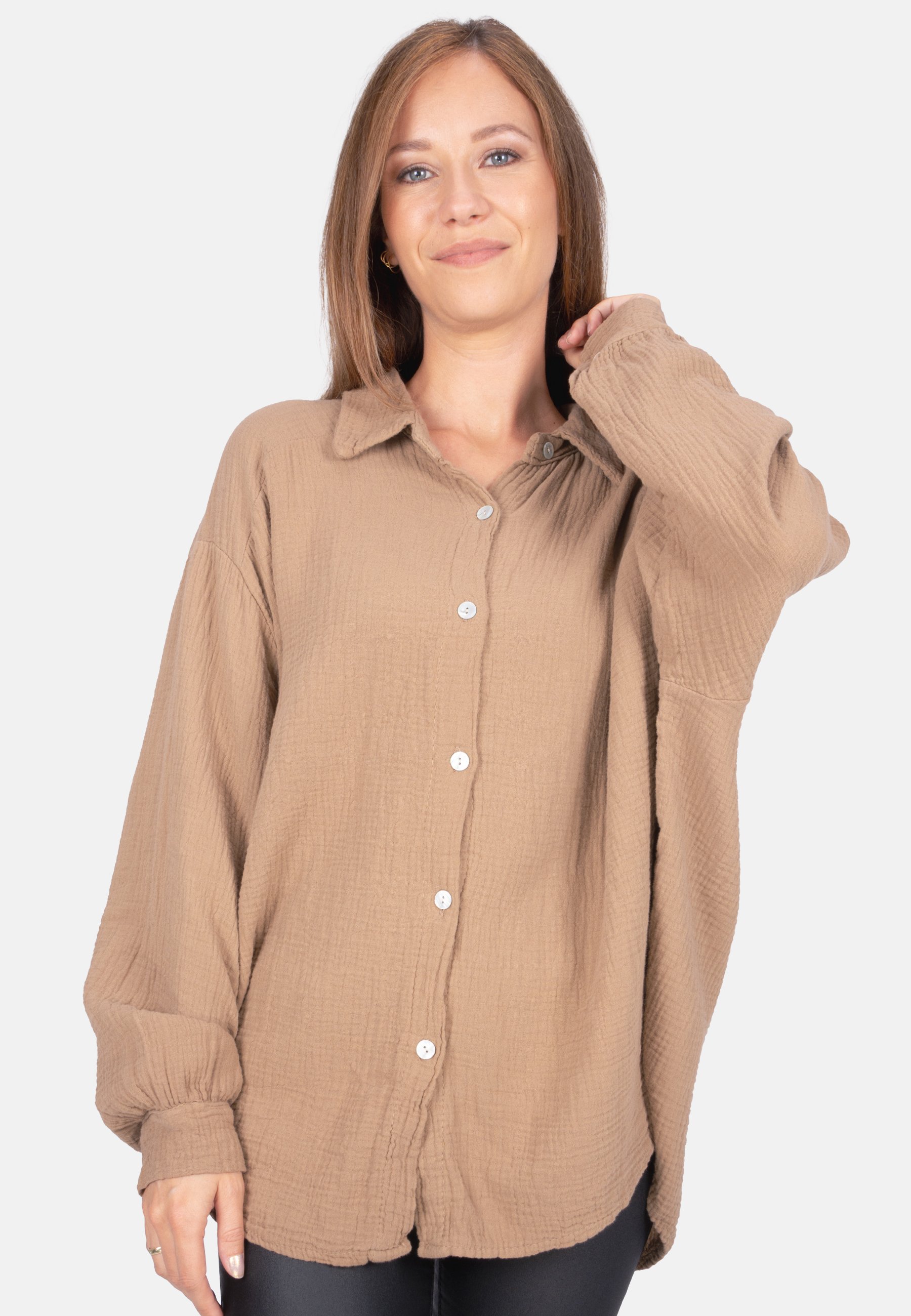 Onsoyours Bluse Damen Aus Musselin – Langarm, Baumwolle, Lässiger Oversize-Schnitt, Mit V-Ausschnitt Und Tasche, In Größen XS-3XL