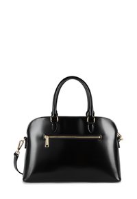 Borsa a mano in pelle nera con forma arrotondata, doppi manici superiori, tracolla staccabile e tasca con zip frontale con dettagli in metallo dorato.