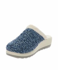 Pantofole texturate di colore blu navy con morbida rifinitura in pelo bianco e suola imbottita. Presentano un design senza lacci e punta rotonda.