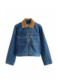 Denim jakk, millel on pruunist korduroyst krae, lukuga sulgemine ja kaks rinnan pukki. Sisaldab lühendatud disaini ja pikki varrukasid.