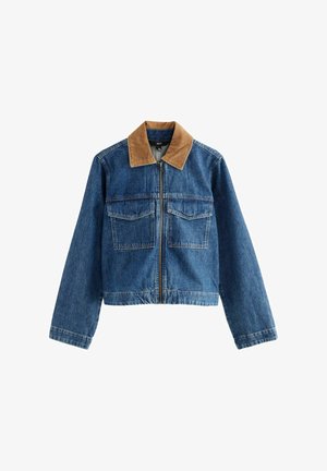 Jeansjacke mit einem braunen Cordkragen, Reißverschluss und zwei Brusttaschen. Verfügt über ein kurzer Design und lange Ärmel.