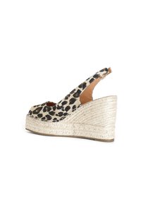 Leopard print wedge slingback shoe with a canvas upper, woven jute midsole, and a peep toe design. Soft tan lining visible.