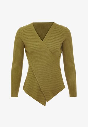 Top lung cu mânecă lungă din tricot cu caneluri, de culoare verde măslin, cu decolteu adânc în V și margine asimetrică, având o siluetă ajustată și țesătură texturată.
