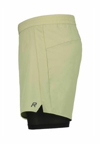 Shorts de sport vert clair avec une sous-couche en mesh noir texturé, présentant une fente latérale et un logo en bas dans une couleur contrastante.