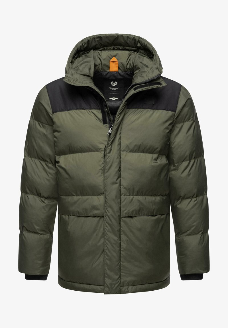 Olive green puffer jacket with a black shoulder yoke, zip closure, hood, and dual front pockets. Smooth texture and ribbed cuffs.