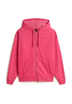 Rosa Zip-Up-Hoodie mit gefütterter Kapuze, seitlichen Taschen, gerippten Bündchen und Saum, aus weichem, bequemen Stoff, mit gesticktem Logo auf der Brust.