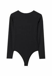 Schwarzer Langarm-Body mit Rundhalsausschnitt, figurbetontem Design undThong-Unterteil. Glatte Textur, minimale Nähte, keine sichtbaren Beschläge.