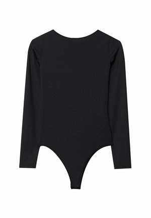 Svart långärmad bodysuit med rund hals, kroppsformande design och Trosbotten. Slät textur, minimala sömmar, ingen synlig hårdvara.