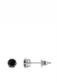 Boucles d'oreilles clous noires avec une pierre précieuse ronde et polie sertie dans un support en métal à six griffes, présentant une base et une tige en métal argenté brillant.